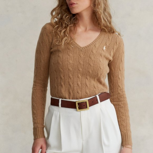 Polo Ralph Lauren Sweaters - Polo Ralph Lauren Cashmere Merino Wool Cable Knit Jumper Sweater Camel Tan Vneck
